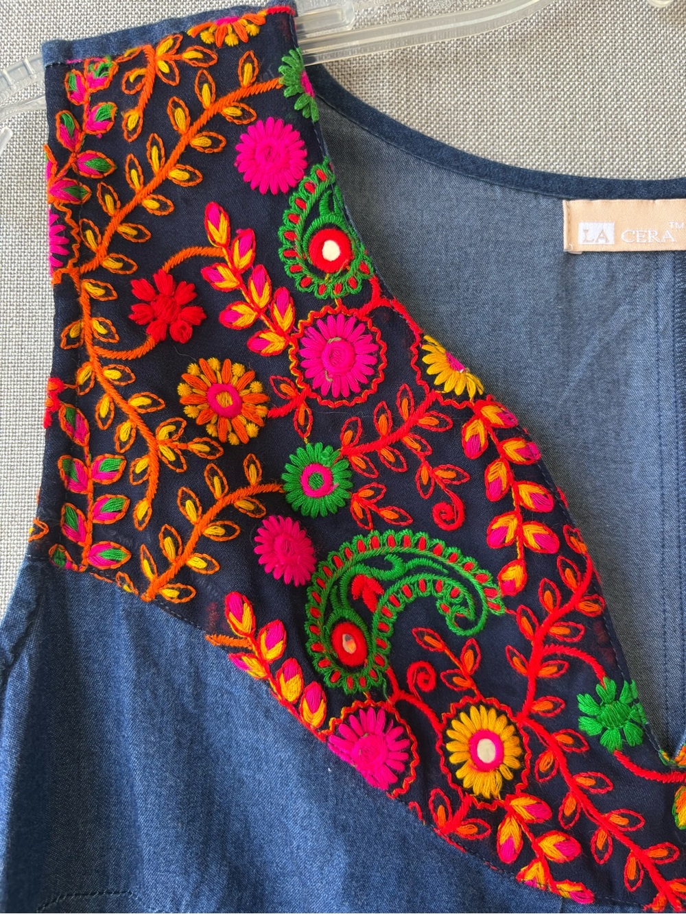 La Cera Embroidered denim Sleeveless Dress with Colorful Yoke size large pockets - Picture 2 of 6